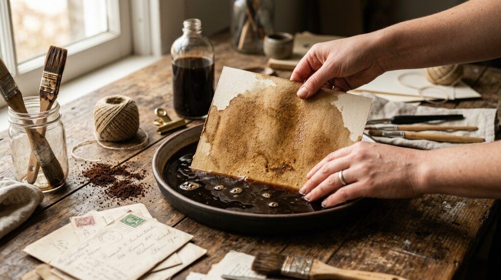 How to make coffee-stained paper using brewed coffee, cardstock, and simple craft supplies for vintage DIY projects.