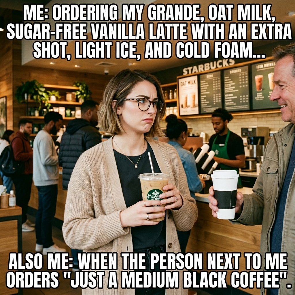 Humorous Starbucks meme showing a person holding a customized iced latte in a busy coffee shop while looking judgmental toward someone ordering a simple black coffee. Text jokes about ordering a complicated grande oat milk, sugar-free vanilla latte with extra shot, light ice, and cold foam, then reacting when another customer orders a plain medium black coffee.