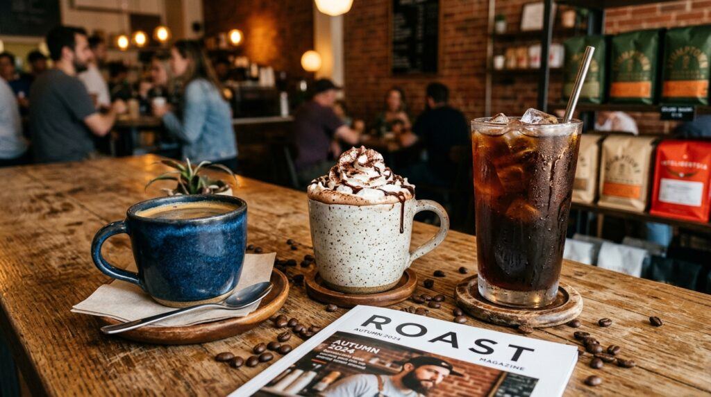 Americano, mocha and iced coffee displayed together on a café table.