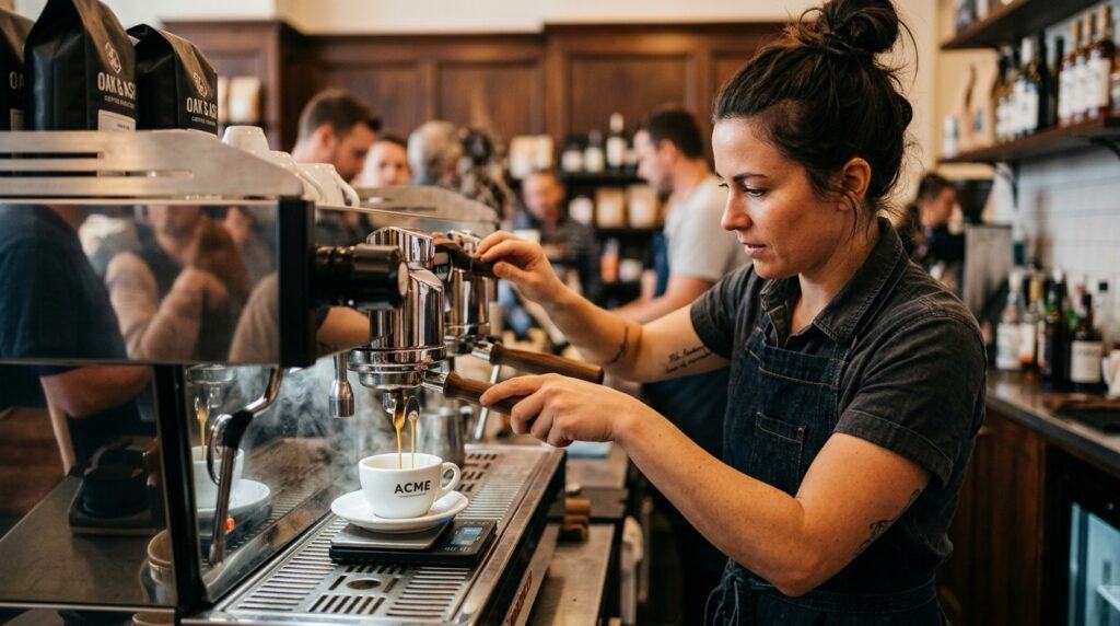 Barista pulling a fresh double espresso shot from a commercial espresso machine.