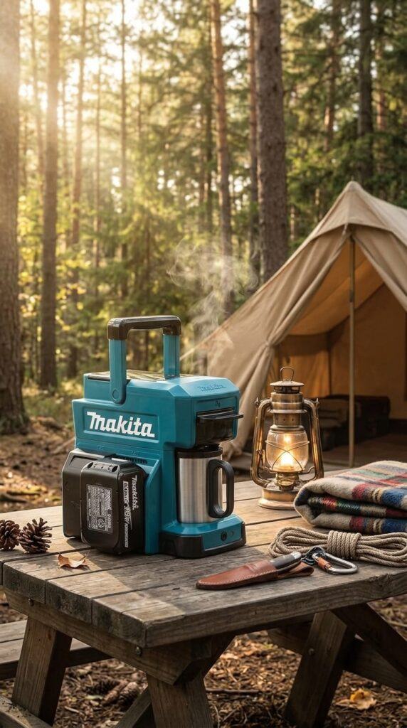 Makita CM501DZ cordless coffee maker brewing coffee at a campsite with no power outlet nearby.