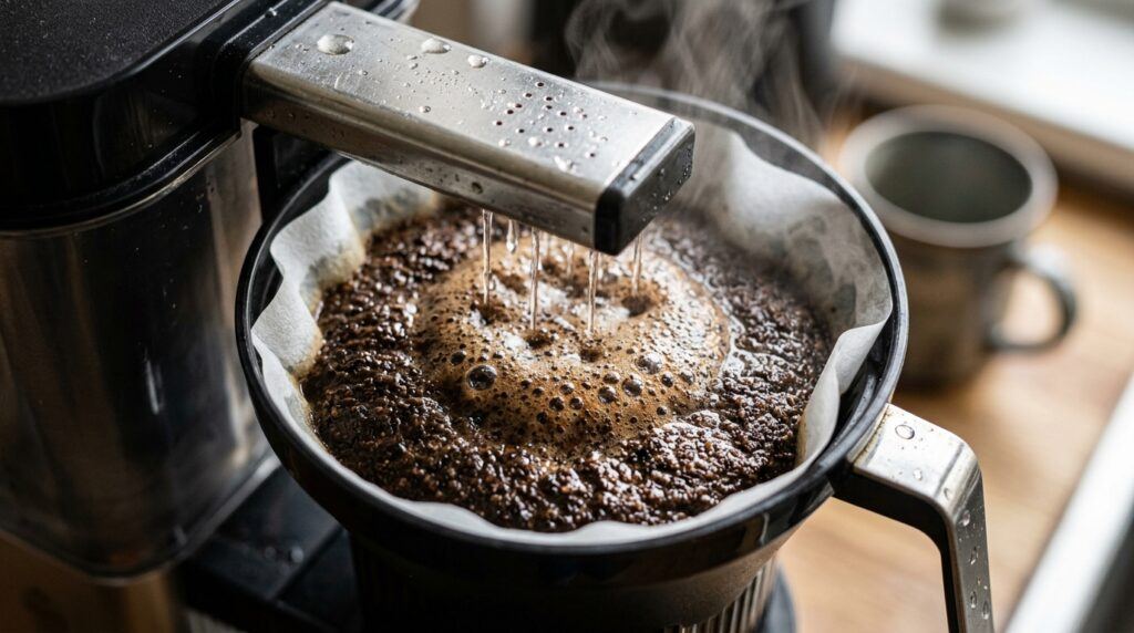 Water evenly flowing over coffee grounds inside a drip coffee maker brew basket.