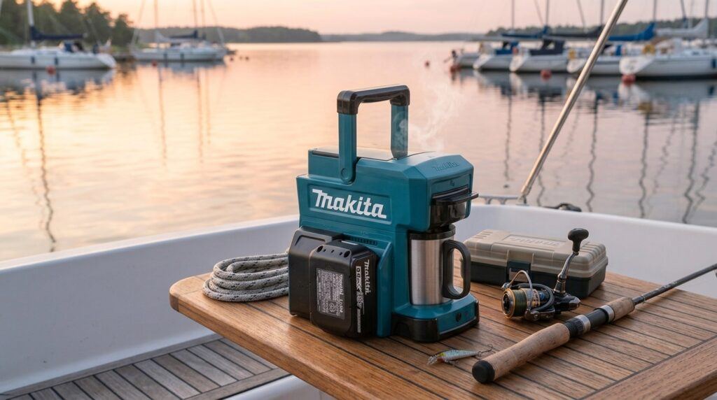 Makita CM501DZ rechargeable coffee maker brewing coffee on a boat during a calm morning.