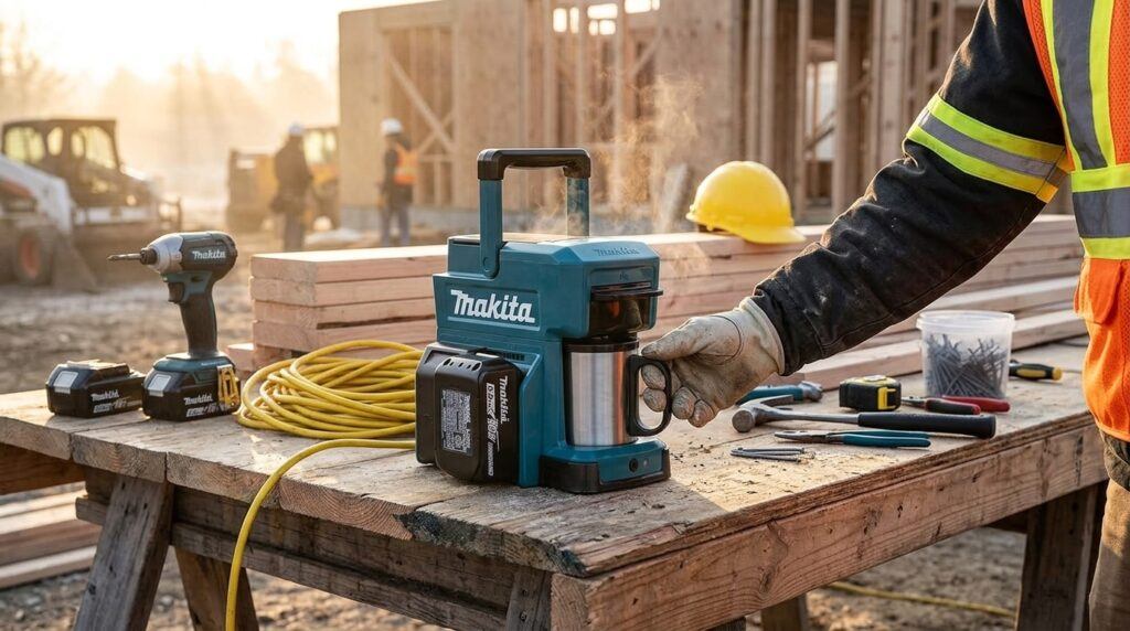 Construction worker reaching for coffee brewed by a Makita CM501DZ cordless coffee maker on a jobsite.