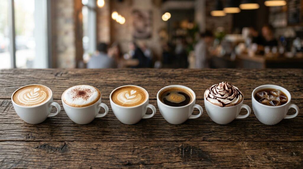 Six popular coffee drinks lined up on a café counter showing the visual differences between each drink.