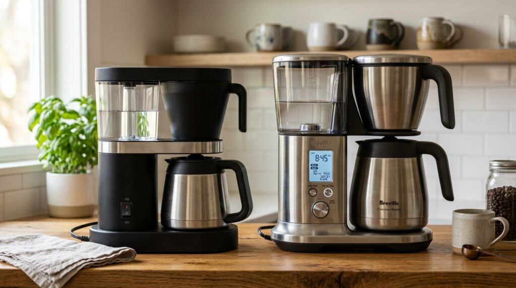 Simple one-button coffee maker beside a programmable coffee maker with digital controls.