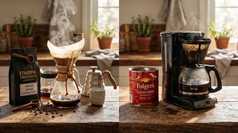 Fresh specialty coffee beans beside a cheap supermarket coffee can showing the difference between quality coffee vs cheap coffee