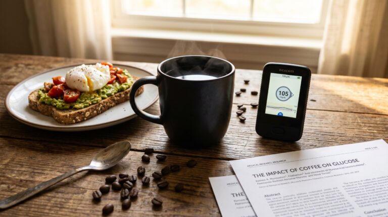 Coffee beside a glucose monitor and healthy breakfast representing research about coffee and type 2 diabetes.