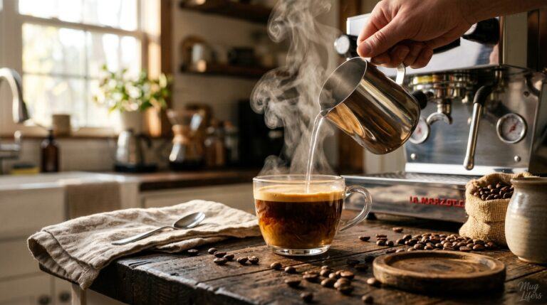 Barista pouring hot water into espresso while preparing an Americano coffee ratio for a balanced and smooth cup.