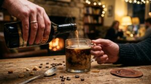 Classic coffee and Baileys Irish Cream poured into a hot glass coffee mug.
