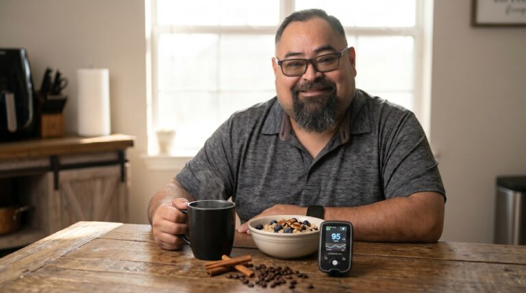 Black coffee beside healthy breakfast foods representing the best coffee choices for diabetes and blood sugar awareness.