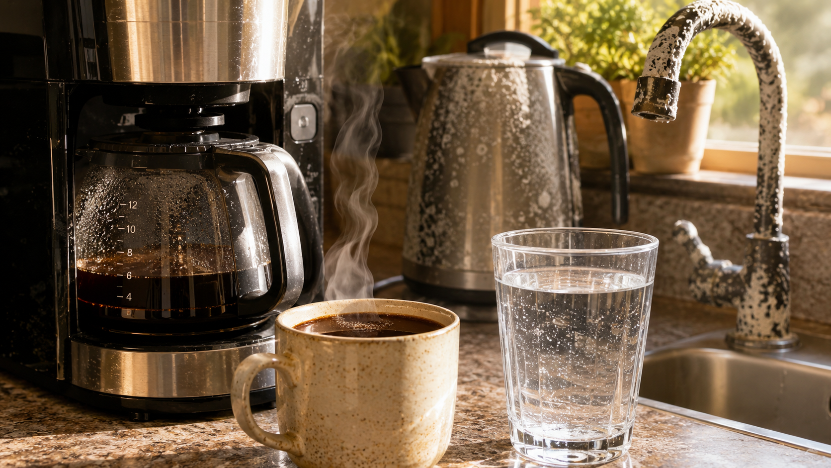 Hard tap water coffee setup showing mineral buildup near a coffee maker and fresh brewed coffee.