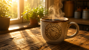 Steaming black coffee in ceramic mug beside morning sunlight