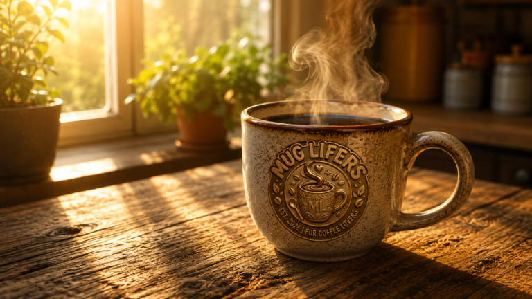 Steaming black coffee in ceramic mug beside morning sunlight