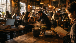 People enjoying coffee together inside a warm and cozy coffee shop during the morning.