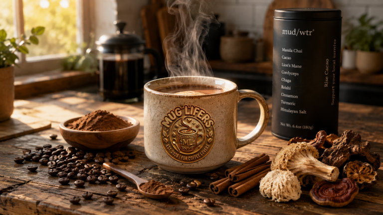 mud/wtr mushroom coffee in a mug with mushrooms, coffee beans, and cinnamon on a kitchen counter