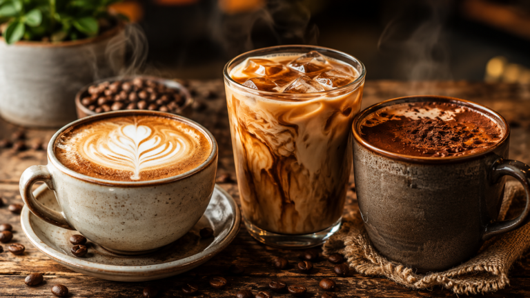 Vegan coffee recipes made with oat milk, almond milk, and coconut milk on a rustic café table.