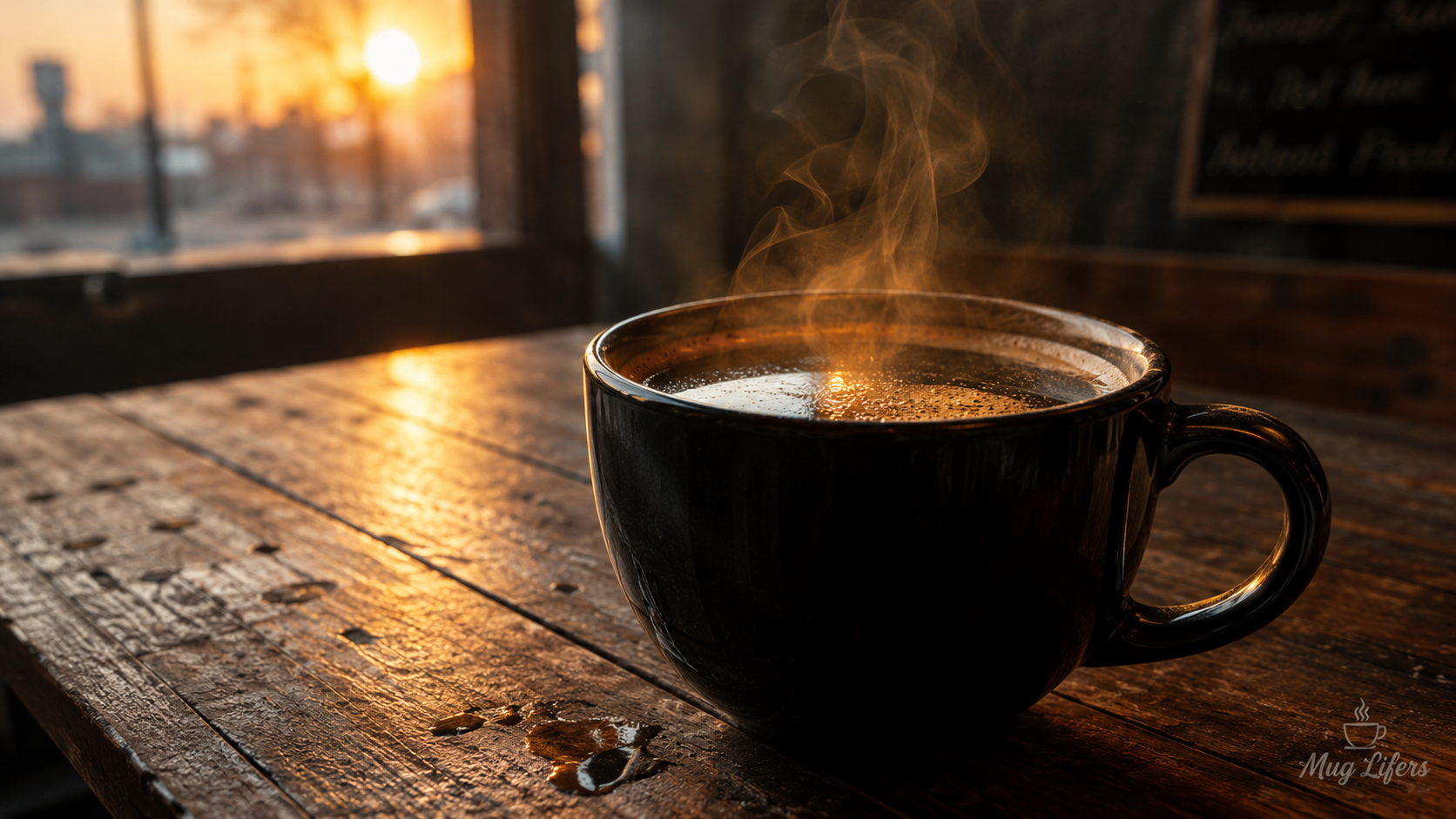 Fresh Americano coffee in a ceramic mug during sunrise showing what an Americano looks like.