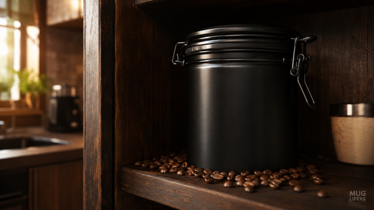 Airtight coffee bean container stored in a cool dark cabinet