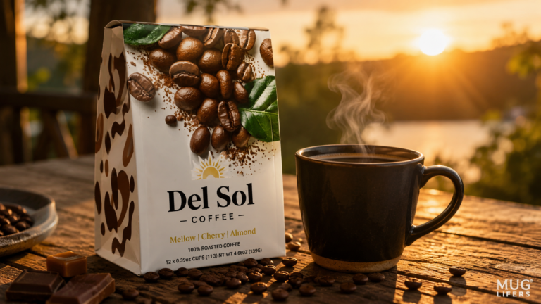 Del Sol coffee package beside a steaming black coffee mug on a rustic wooden table at sunrise, surrounded by scattered coffee beans and chocolate pieces with warm golden morning light.