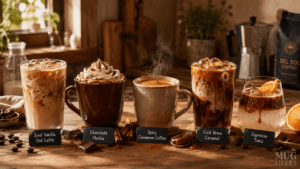 Five homemade Del Sol Coffee recipes displayed on a rustic counter, including iced latte, mocha, cinnamon coffee, cold brew caramel, and espresso tonic.