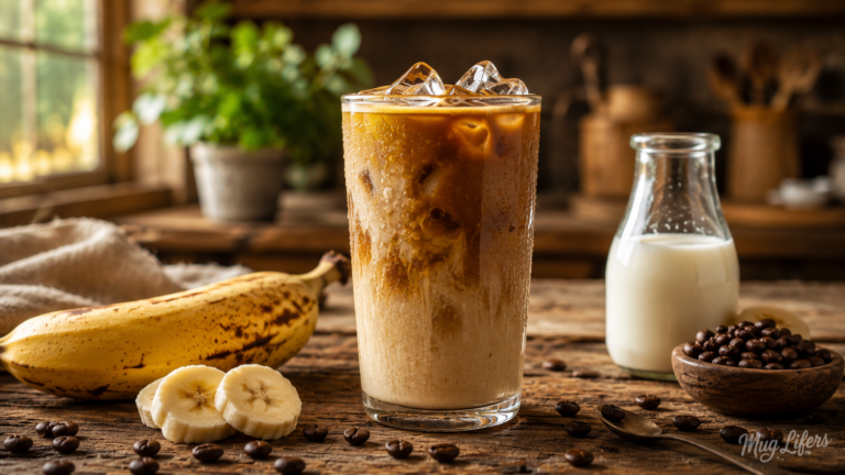 Creamy homemade banana iced latte in a glass on a rustic kitchen table with banana and coffee beans.