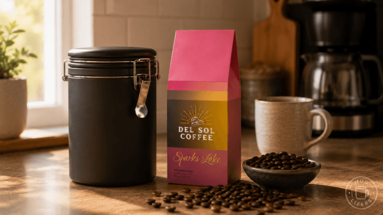 Opaque airtight coffee canister beside an opened bag of whole coffee beans for proper coffee storage.