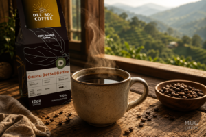 Cauca coffee in a steaming mug on a rustic table in warm morning light.