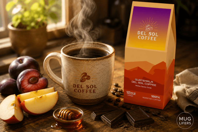 Guatemala Del Sol Coffee with chocolate, plum, maple, and apple flavor notes.
