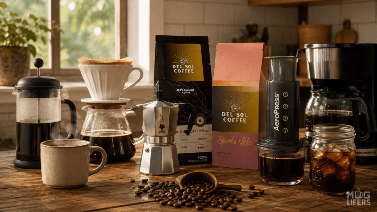 Coffee brewing methods displayed on a kitchen counter with French press, pour-over, moka pot, AeroPress, drip coffee, and cold brew.