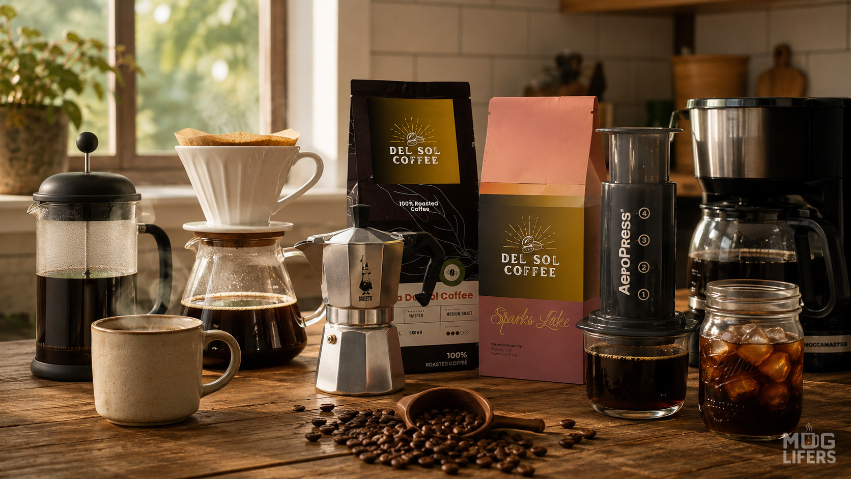 Coffee brewing methods displayed on a kitchen counter with French press, pour-over, moka pot, AeroPress, drip coffee, and cold brew.