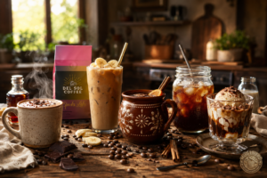 Five Del Sol coffee recipes displayed together including lattes, cold brew, spiced coffee, and dessert coffee drinks.