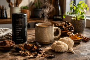 benefits of mud wtr mushroom coffee displayed with ingredients and warm morning setup