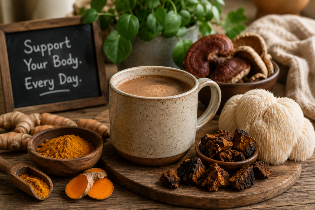 Mud Wtr mushroom coffee ingredients including turmeric, medicinal mushrooms, and a warm ceramic mug arranged on a rustic wooden table for inflammation support