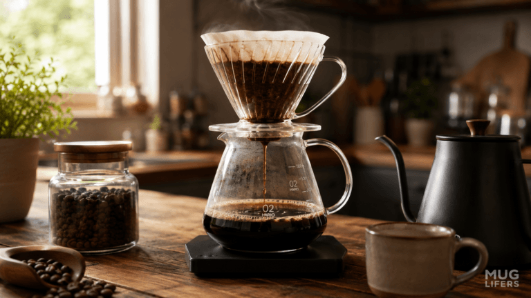Pour over coffee at home brewing in a glass dripper on a wooden kitchen counter
