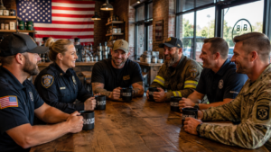 Veterans and first responders enjoying coffee together at a community gathering.