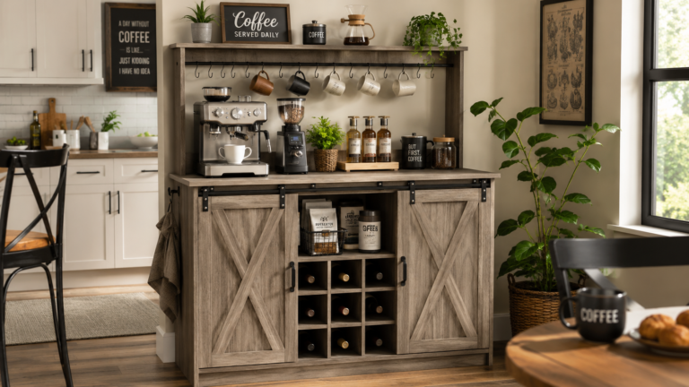4ever2buy coffee bar cabinet review featuring farmhouse coffee station with espresso machine, storage shelves, and hanging mugs.