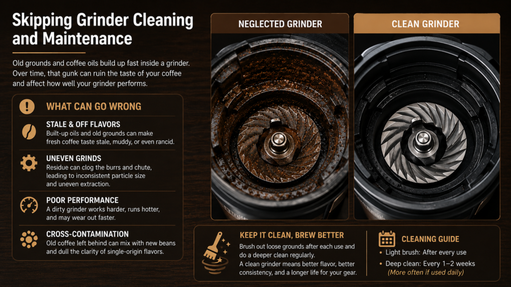 Dirty and clean coffee grinder burrs shown side by side in an infographic explaining how skipping grinder cleaning and maintenance can affect coffee flavor, grind consistency, and grinder performance.