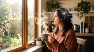 Person drinking morning coffee while glowing neural pathways symbolize memory and focus benefits