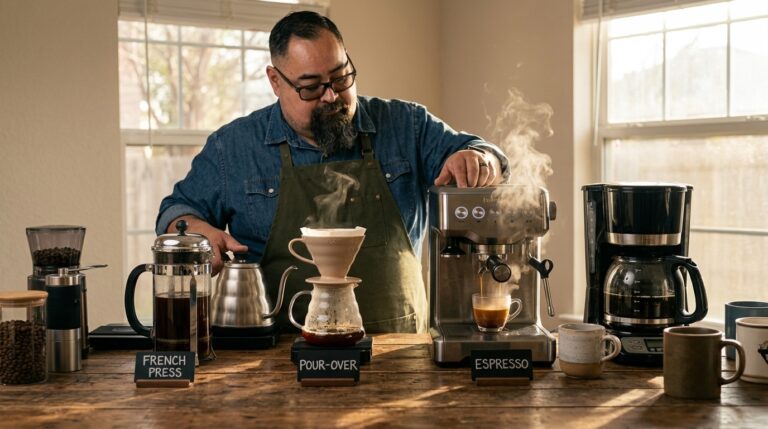 Different coffee brewing methods showing how coffee preparation changes flavor, texture, and strength.