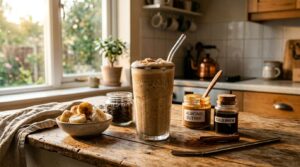 Tall glass of creamy coffee smoothie on a wooden counter in soft morning light