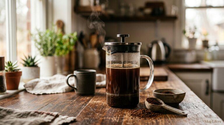 Coffee steeping in a French press with coarse grounds and warm morning light.