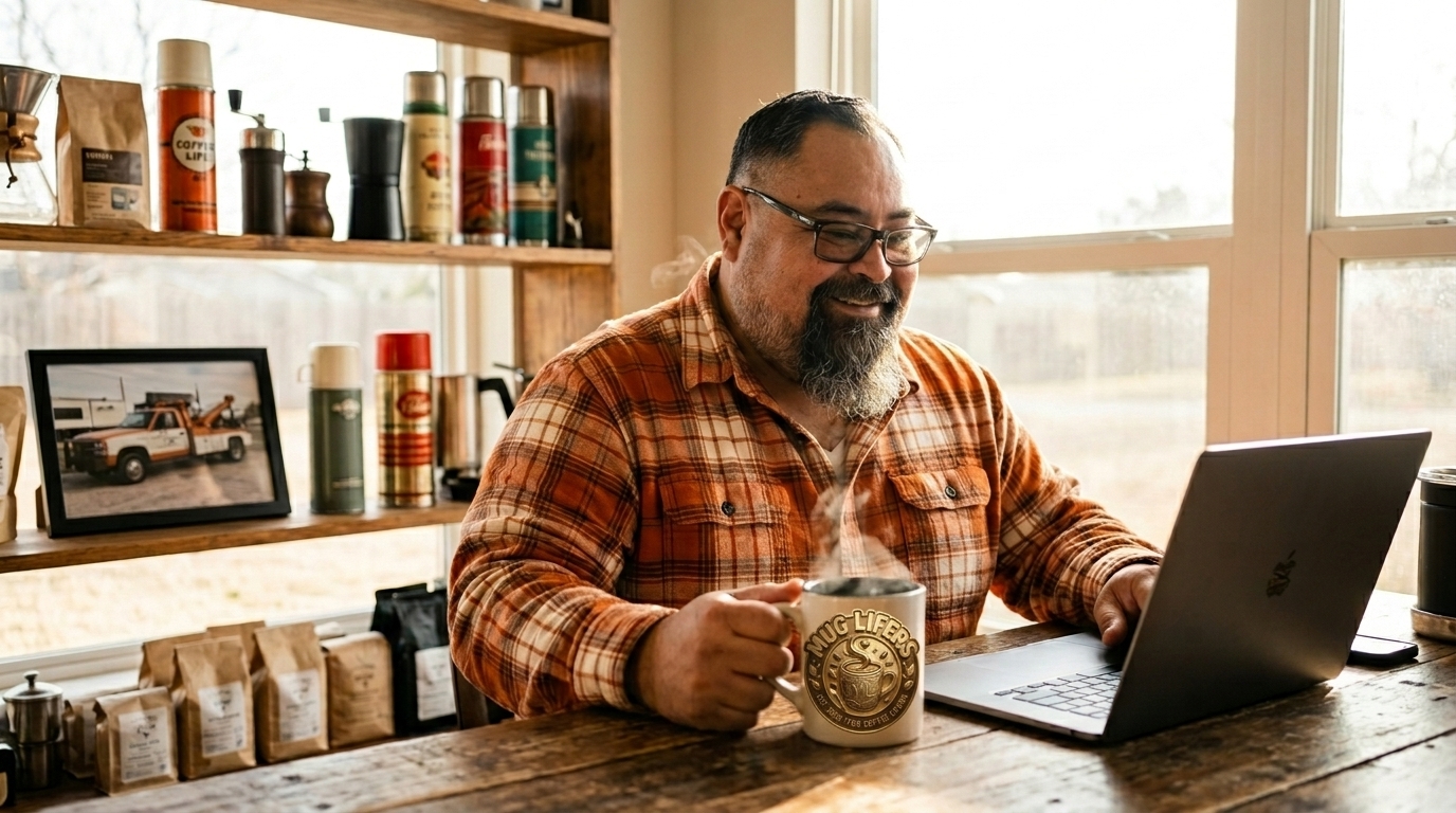 Michael Gray, founder of Mug Lifers, enjoying coffee while working at his desk surrounded by coffee mugs and brewing accessories.