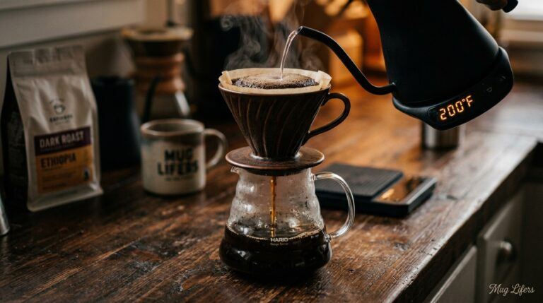 Pour-over dark roast coffee brewed at 200 degrees Fahrenheit into a glass carafe on a wooden countertop.