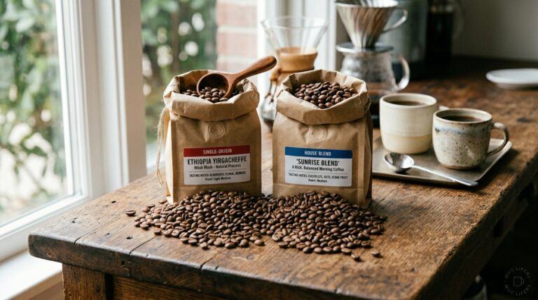 Single-origin vs blended coffee beans displayed side by side on a wooden counter.