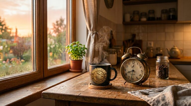 Morning coffee beside an alarm clock during sunrise showing the best time to drink coffee