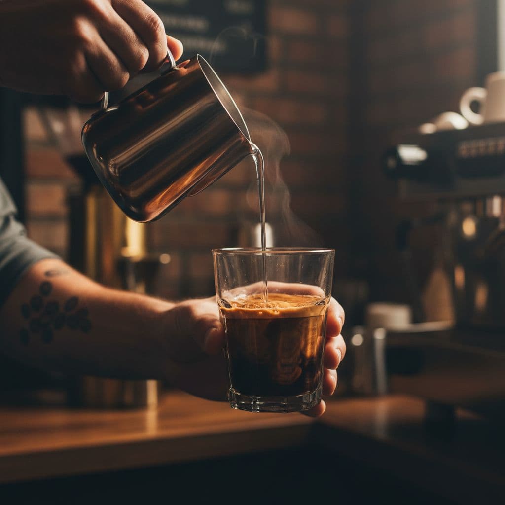 A close-up view shows hot water being poured from a silver pitcher into a glass of espresso.