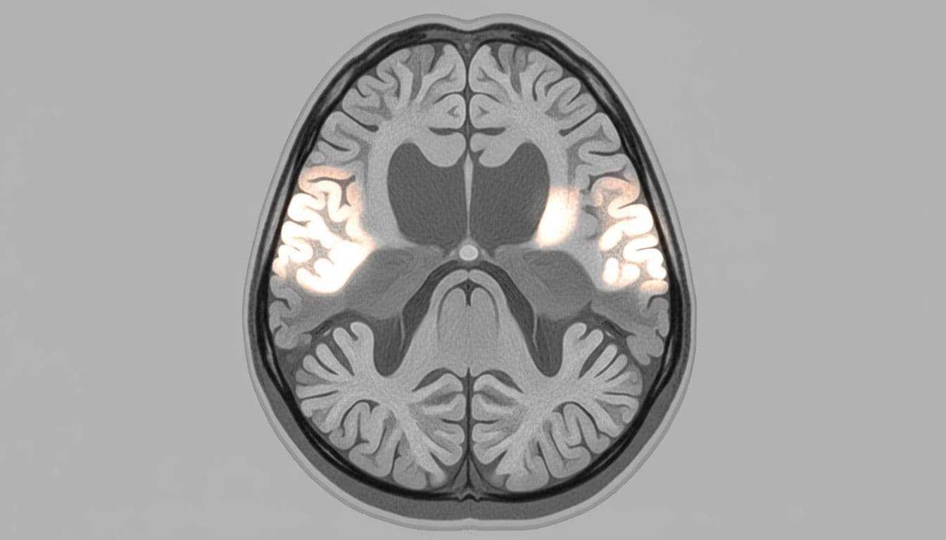 MRI-style human brain cross-section with brighter gray matter in memory and focus areas.