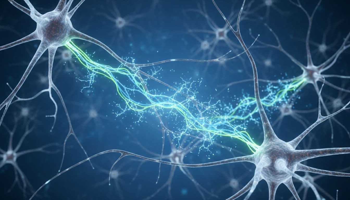 Close-up view of brain neurons and synapses forming new glowing pathways with subtle blue lighting.