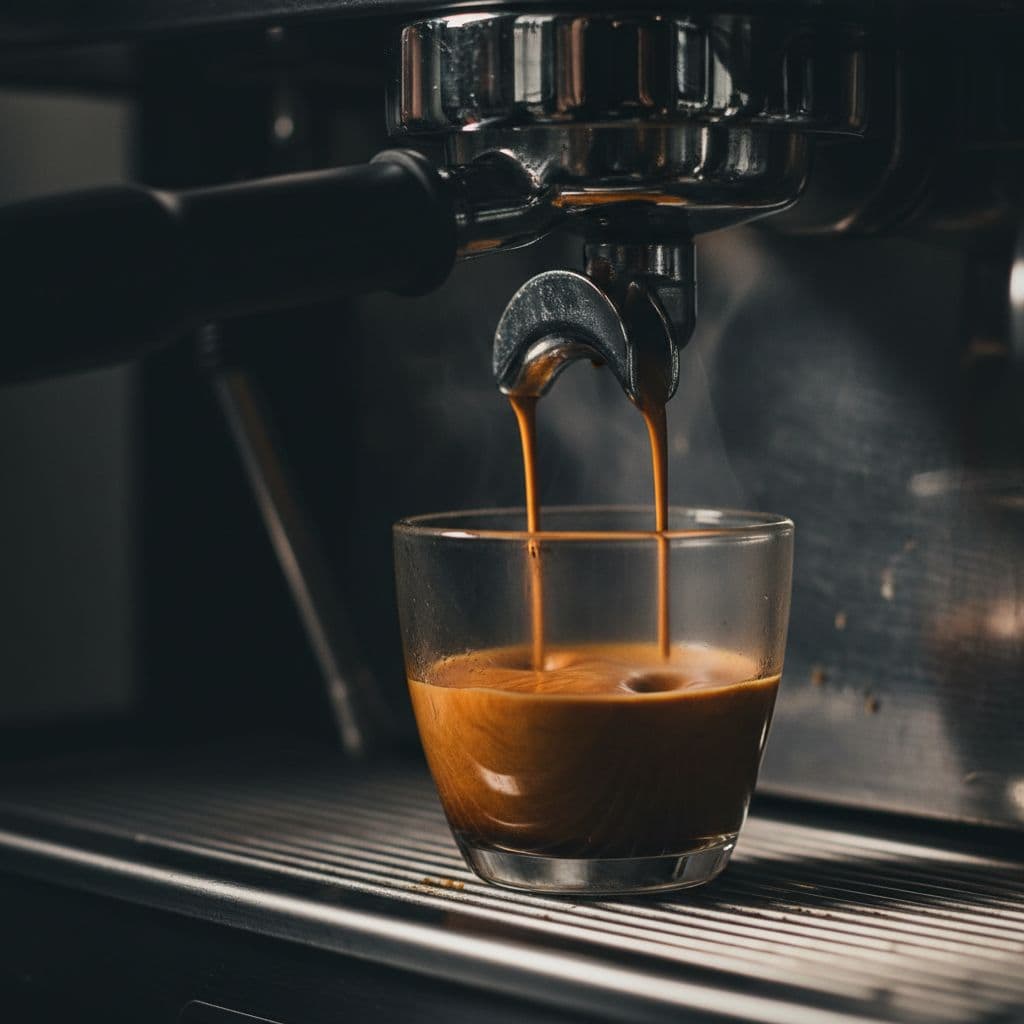 Rich espresso drips from a metal portafilter into a ceramic cup against a dark, moody background.